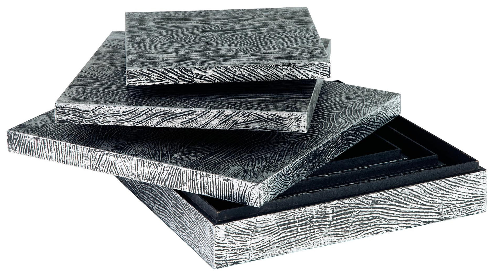 Keldy set of 3 antique pewter finish decorative boxes, front closed view