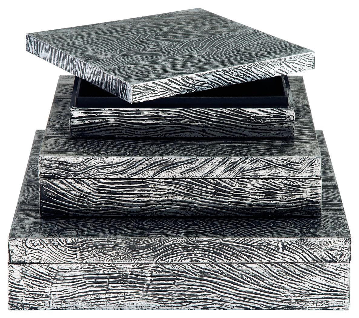 Keldy set of 3 antique pewter finish decorative boxes, detail close-up