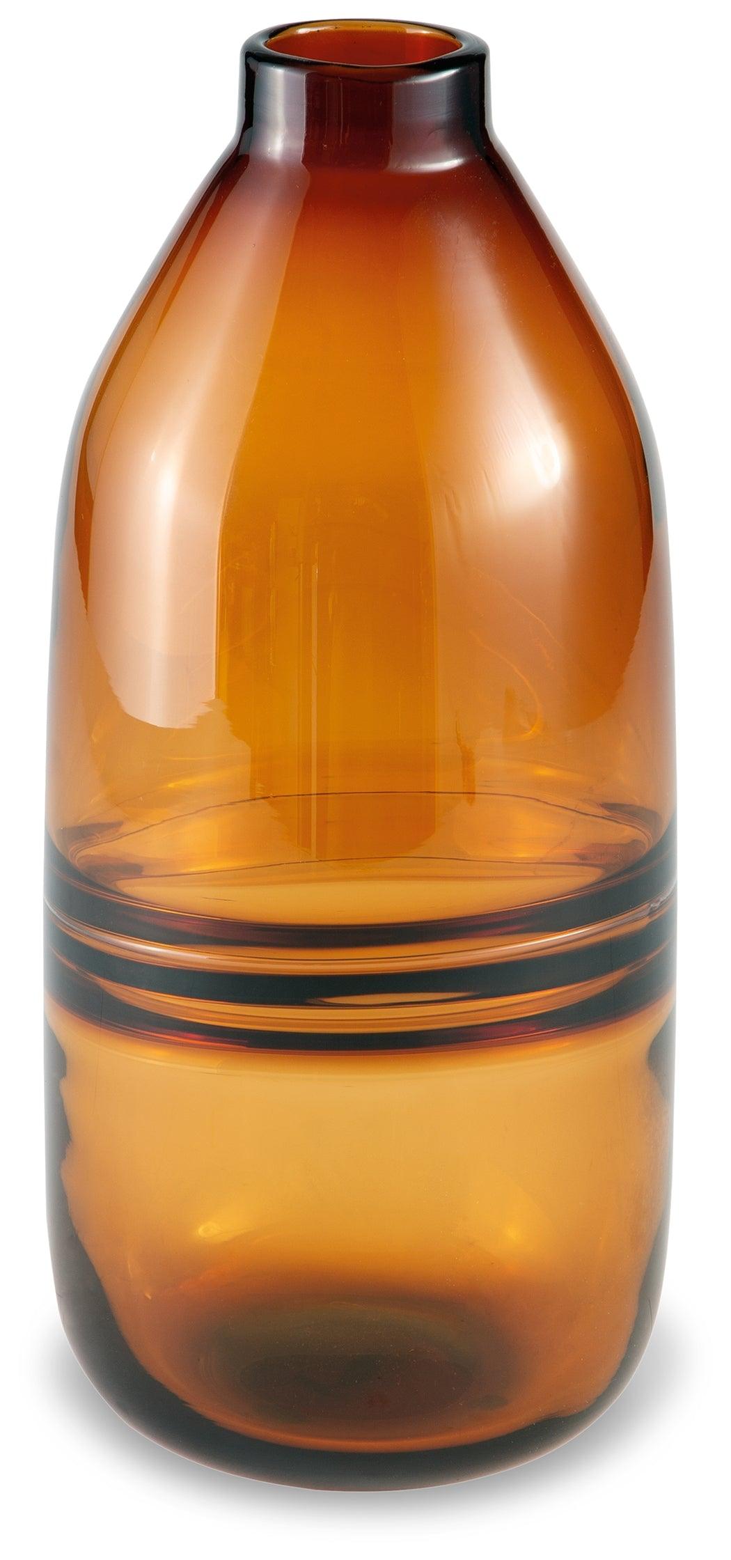 Close-up of Lemmitt Amber Vase floral etching and gold trim