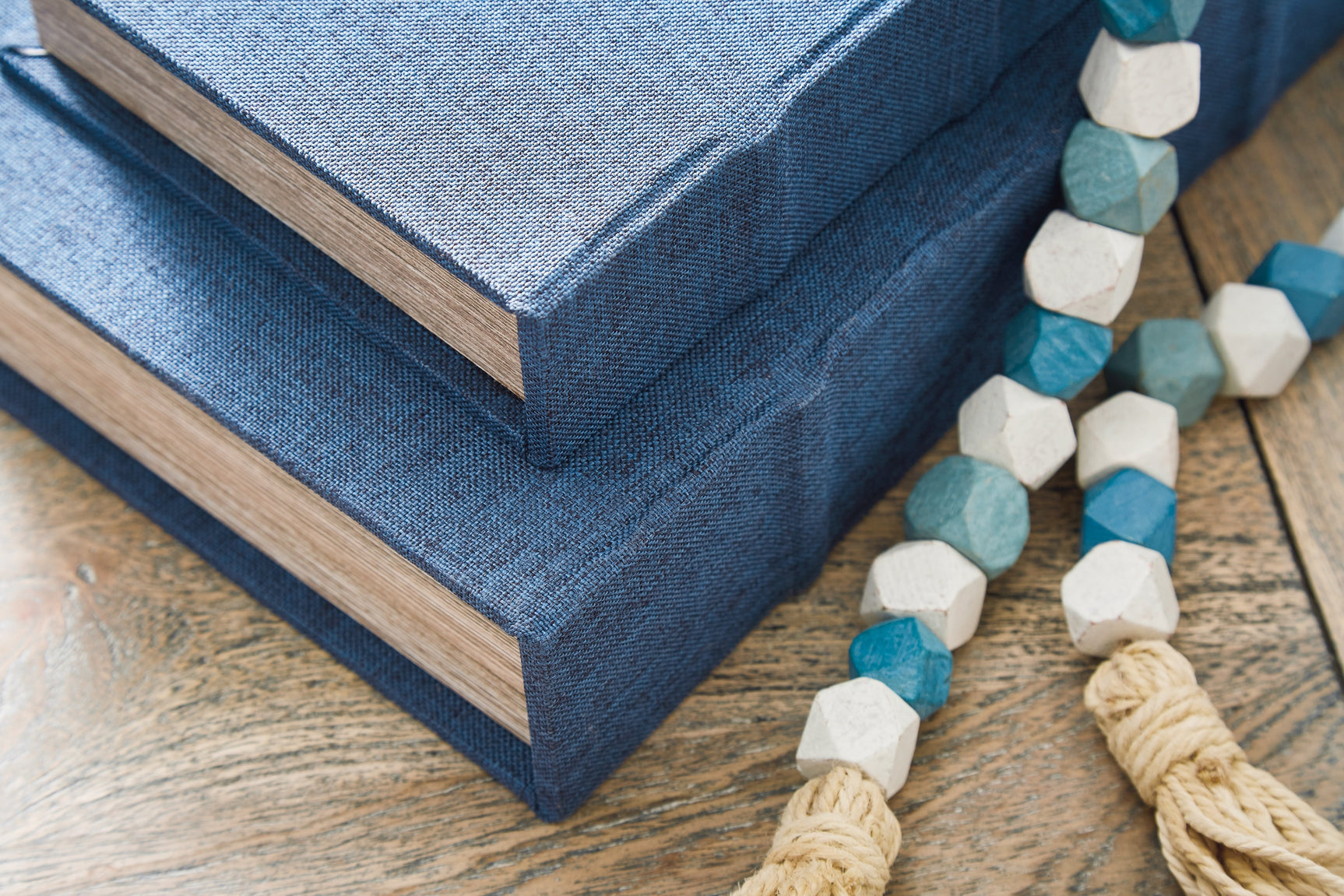 Jolina Blue Box Set stacked on coffee table
