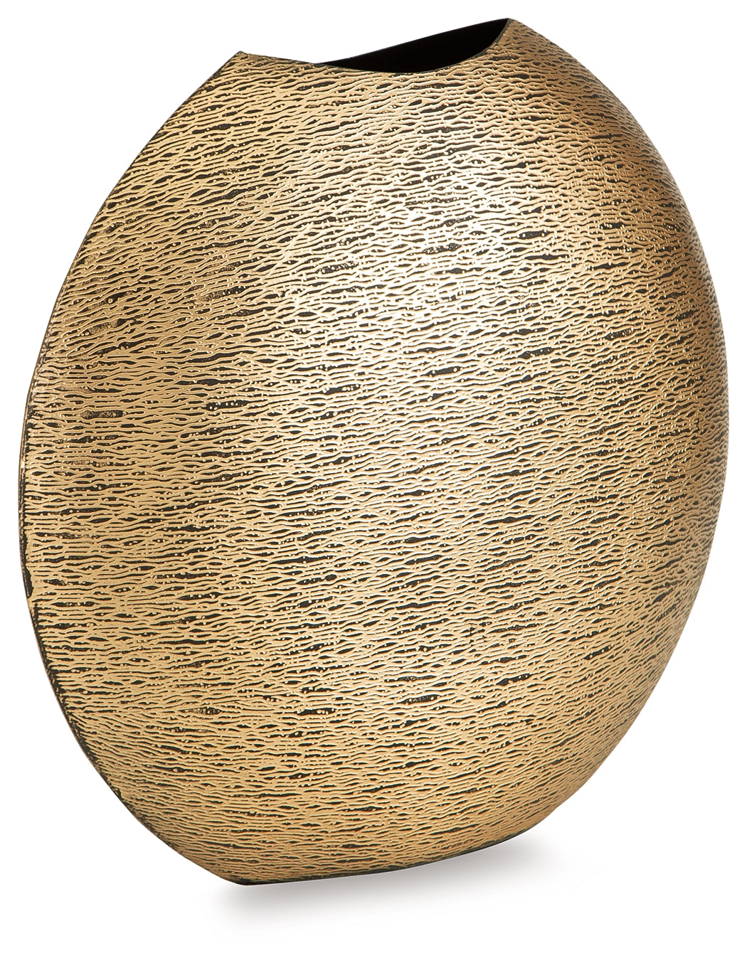Iansboro Antique Gold Finish Round Metal Vase angled view