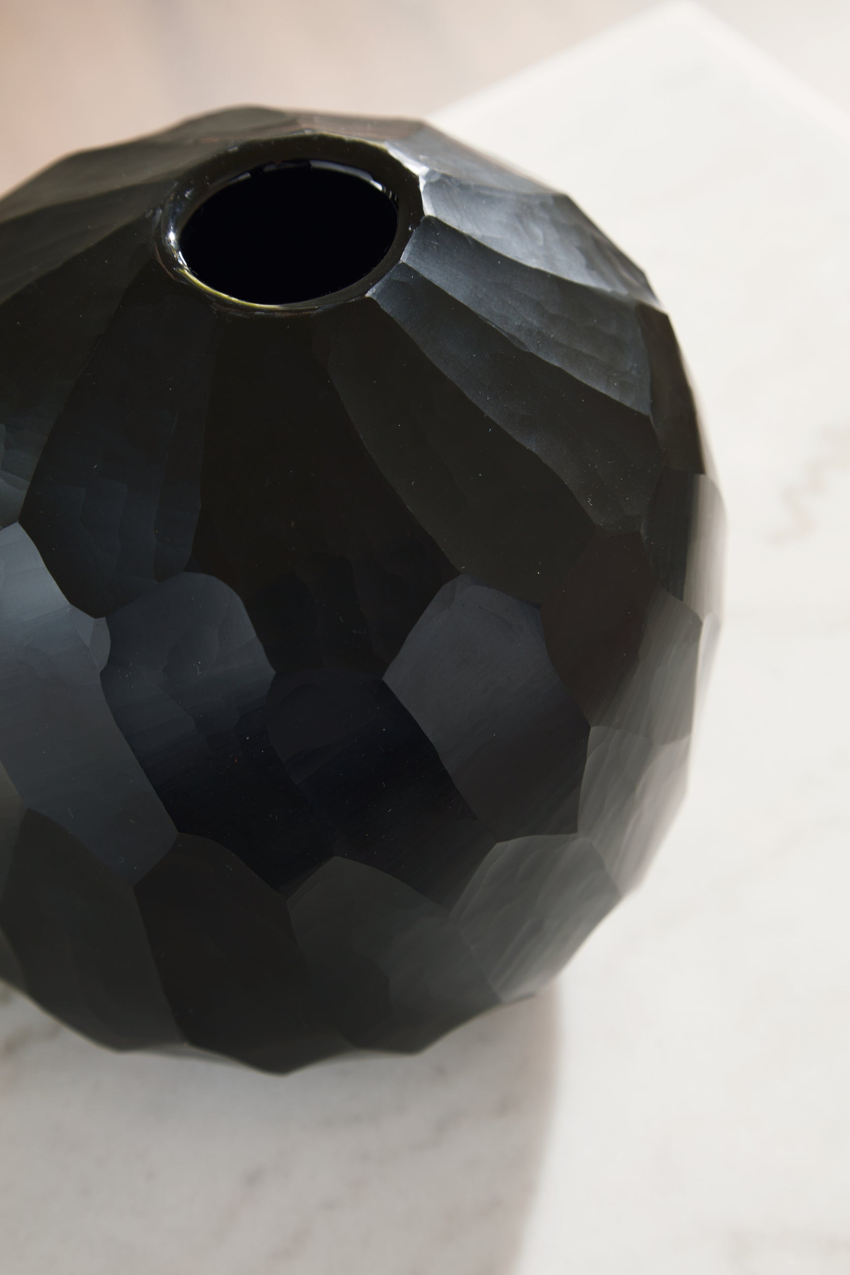 Detail of black glass faceted pattern on Ryanford Vase