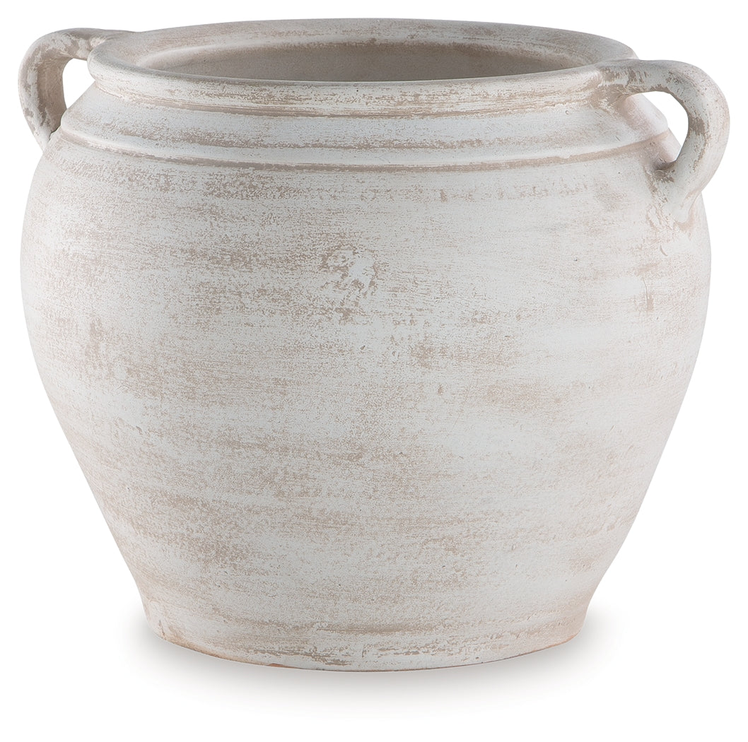 Meadie vase side view showing distressed finish