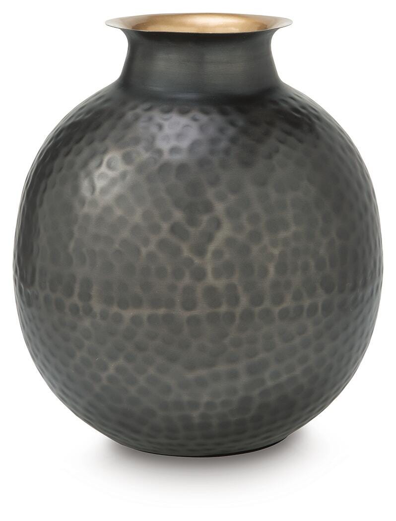 Woody hammered metal vase side angle showing texture