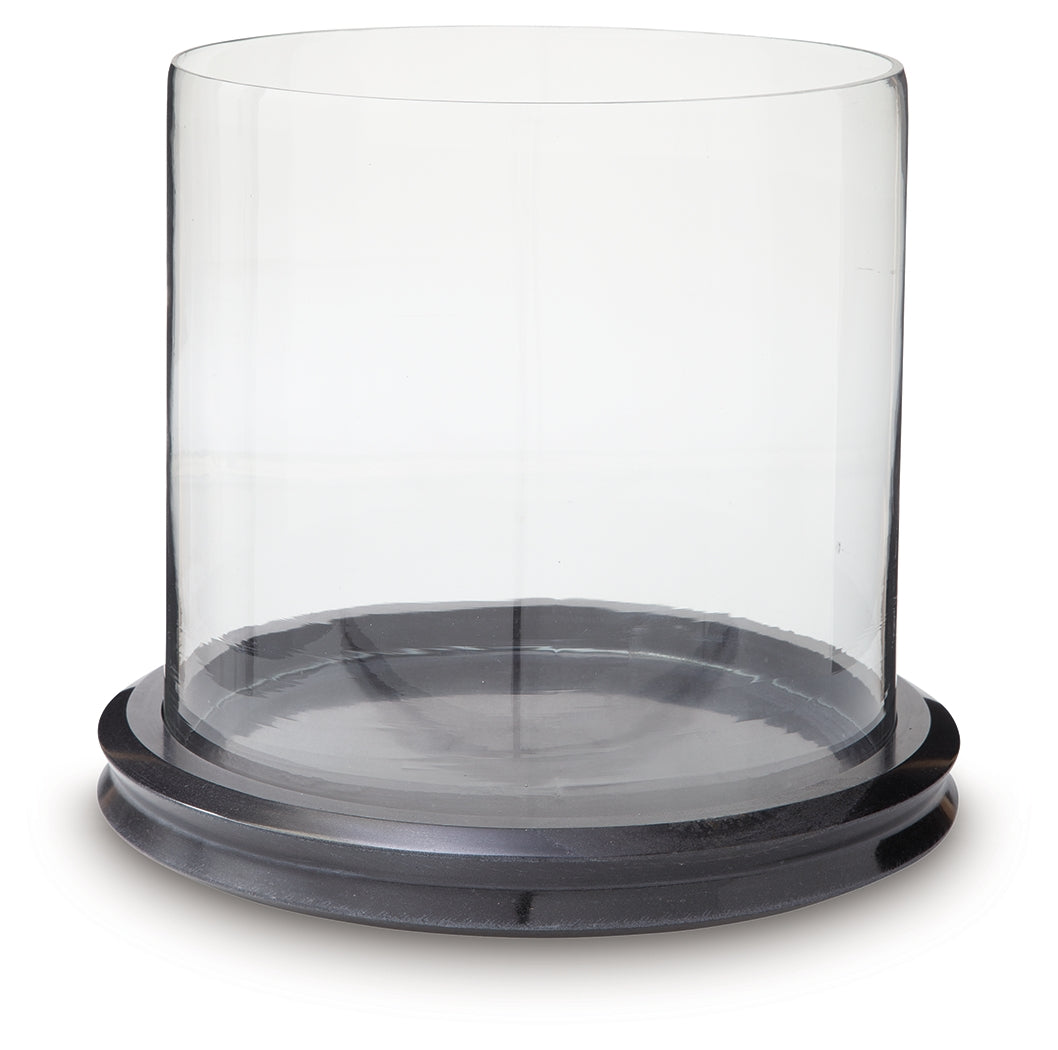 Side angle of Saskia candle holder showcasing clear glass and marble