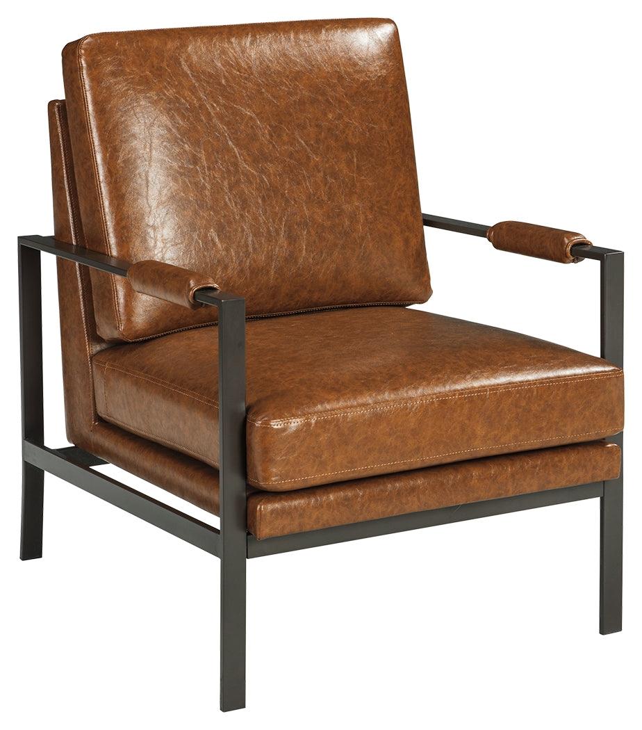 Side view of Peacemaker Brown Accent Chair highlighting antiqued brass-tone metal frame