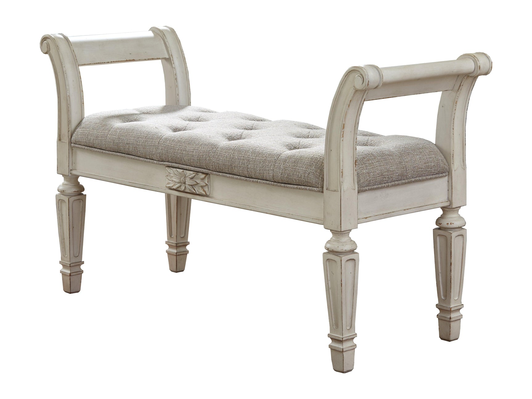 Realyn Antique White Accent Bench full profile