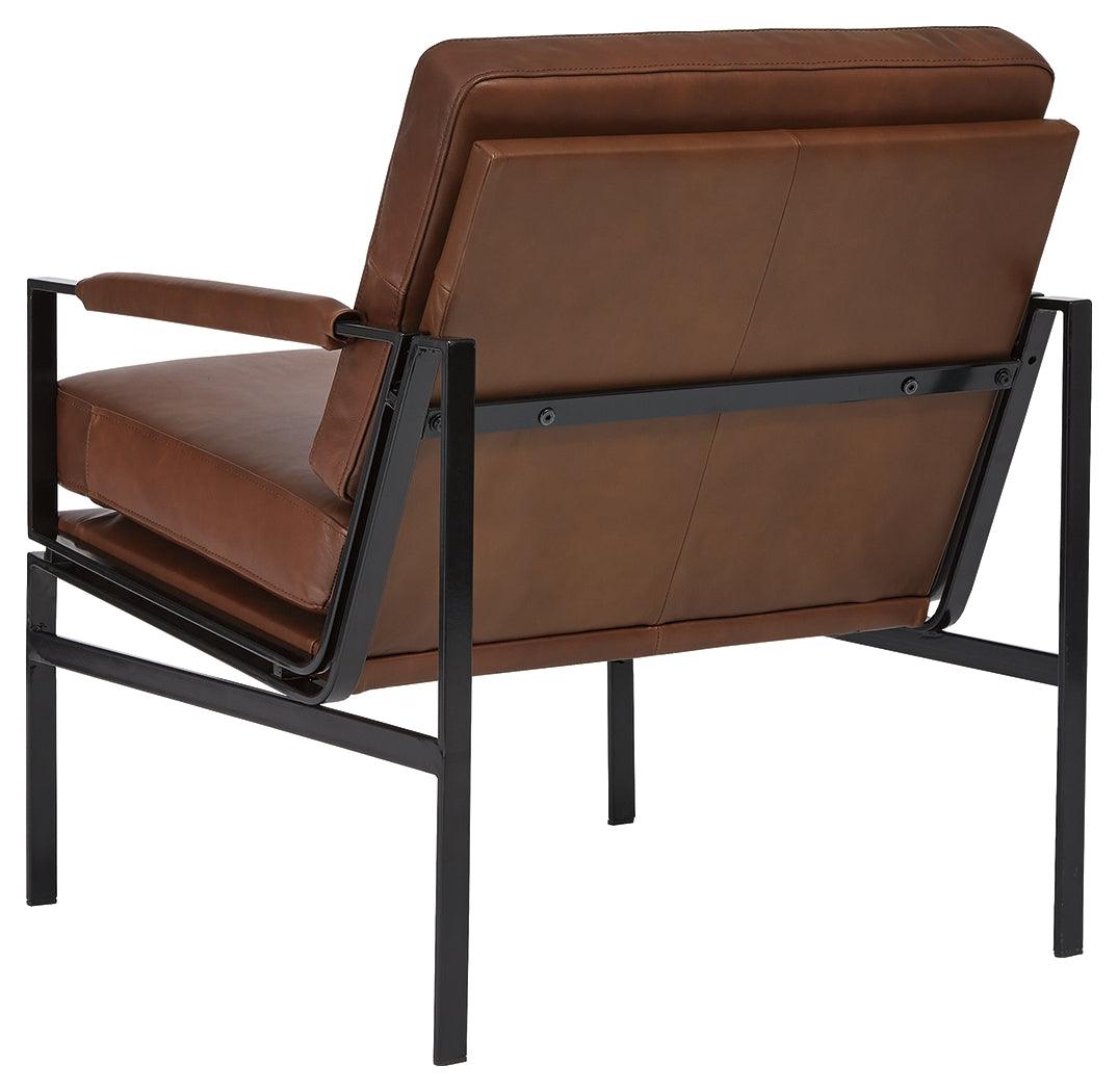 Puckman accent chair back view brown leather metal frame