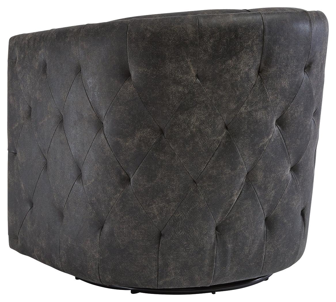 Back view of Brentlow Distressed Black Accent Chair with swivel base
