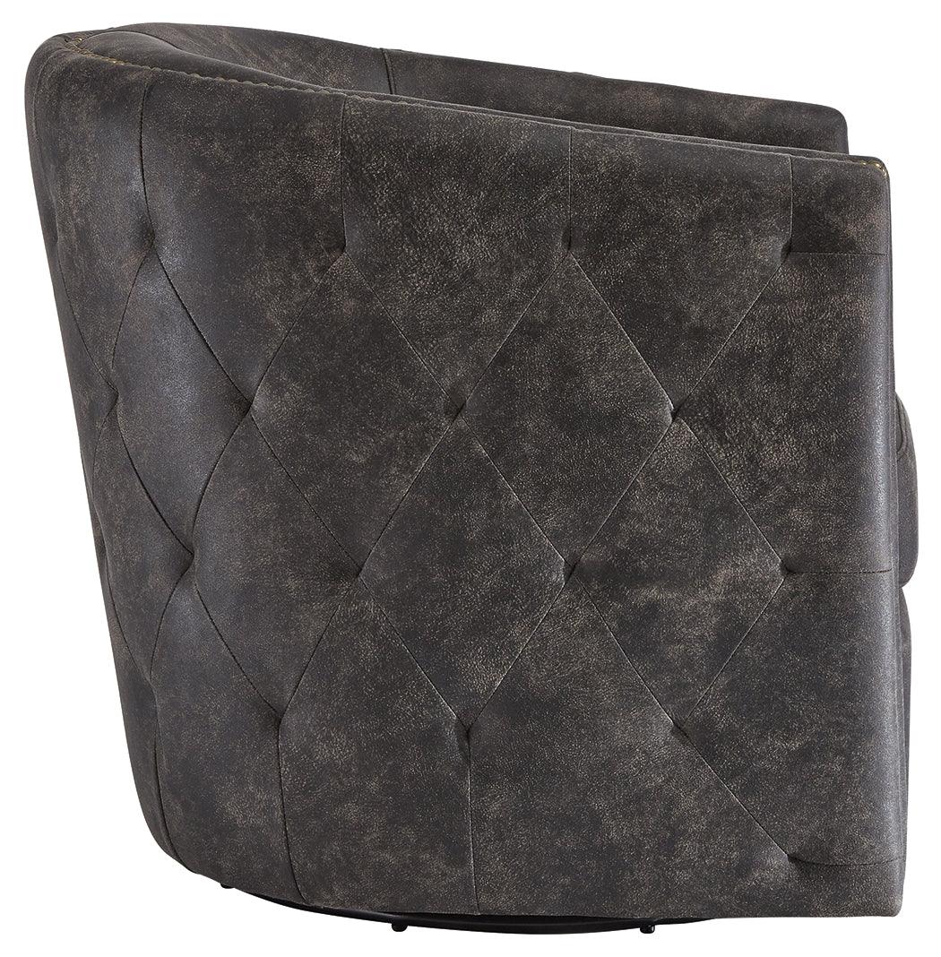 Brentlow Distressed Black Accent Chair back angle with swivel base