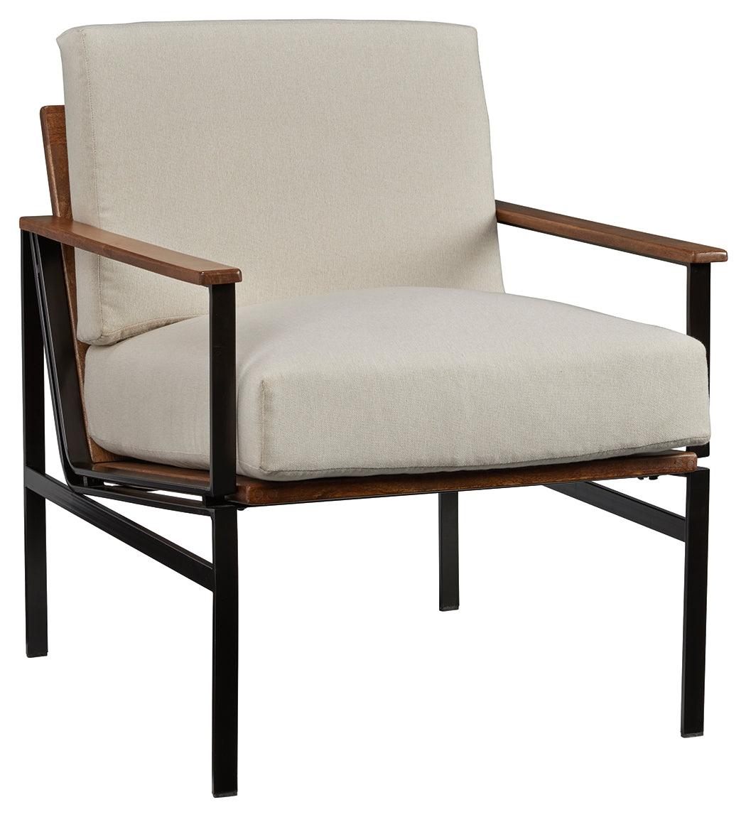Tilden Ivory and brown accent chair side view showing arm and cushion