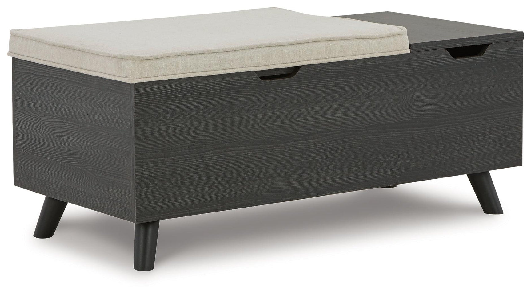 Yarlow Linen gray storage bench with top removed showing storage