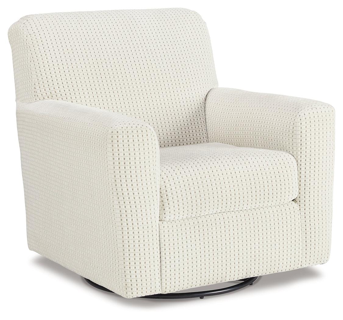 Herstow Ivory Swivel Glider Accent Chair side view ivory fabric and metal base