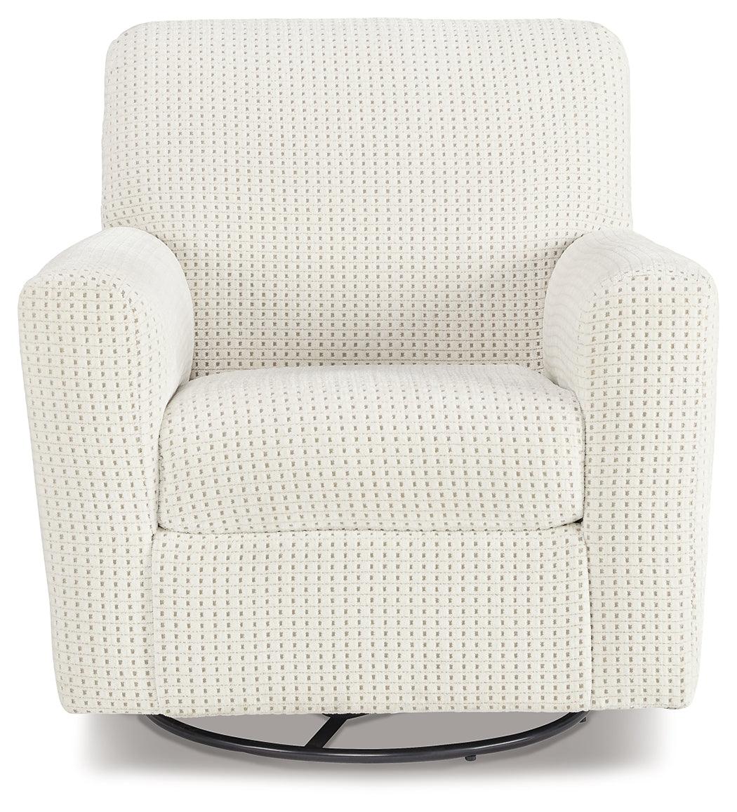 Herstow Ivory Swivel Glider Accent Chair head-on view with plush cushions