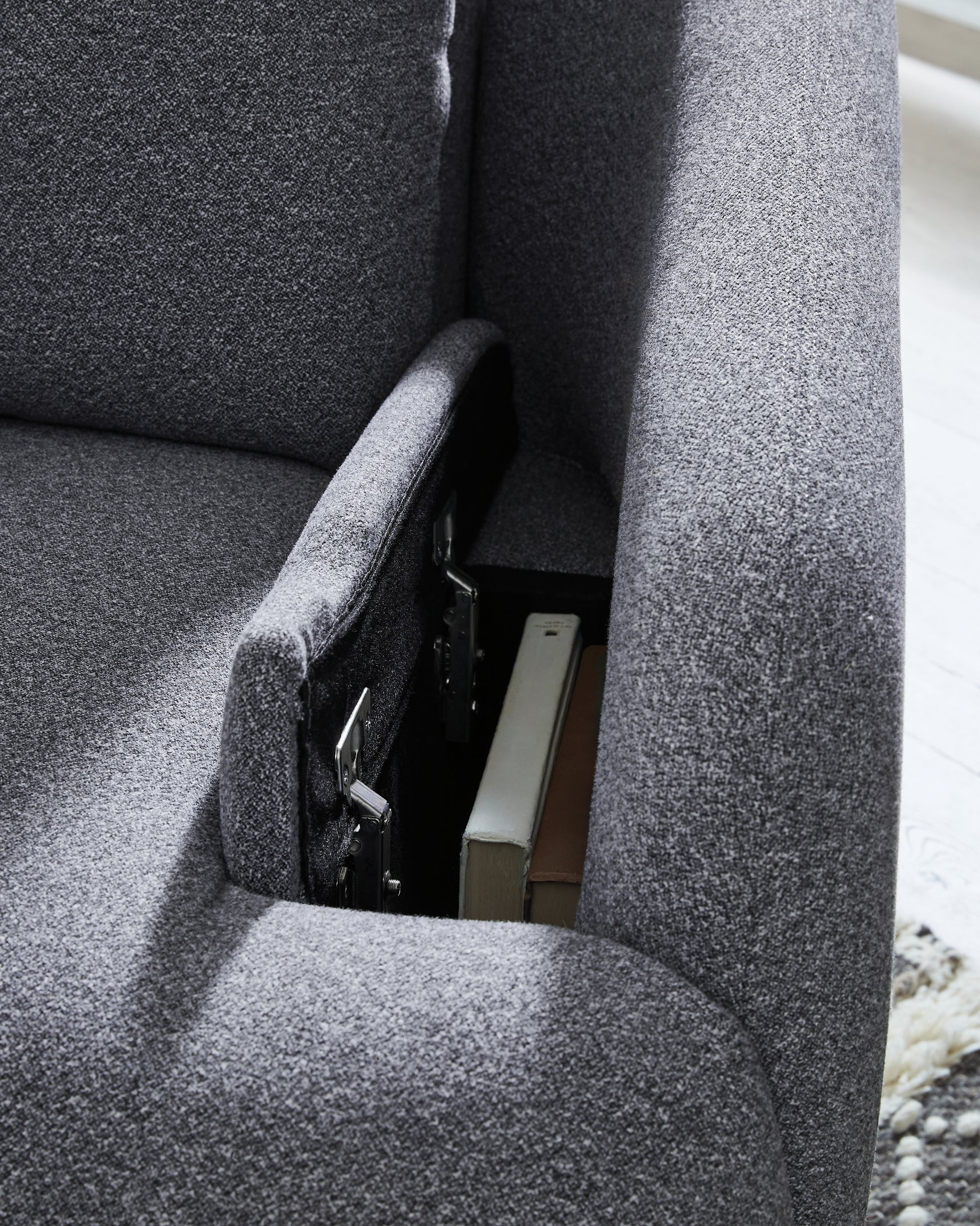 Close-up detail of storage compartment on Alainmont recliner
