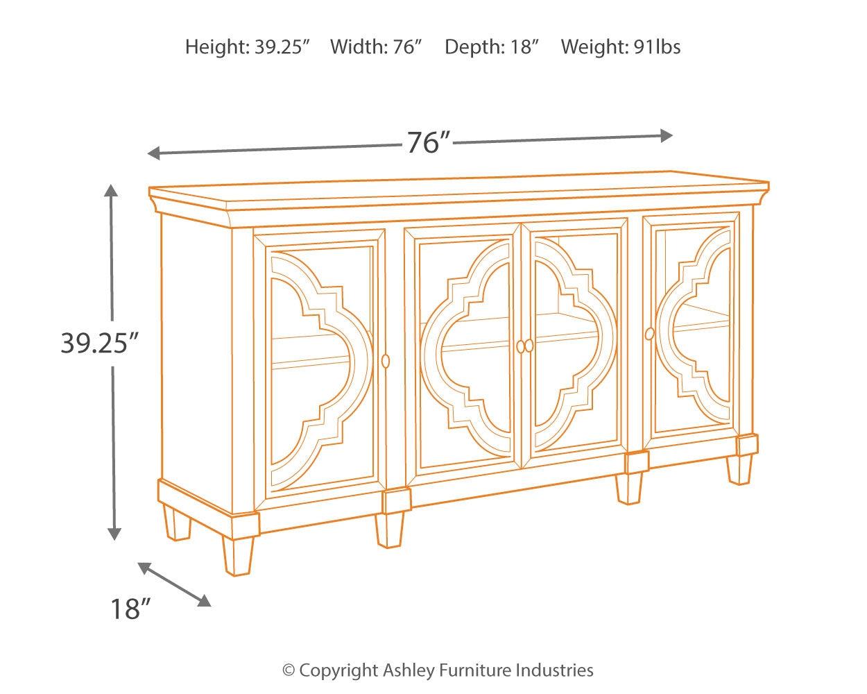 Dimension diagram of Fossil Ridge Gray Accent Cabinet showing measurements