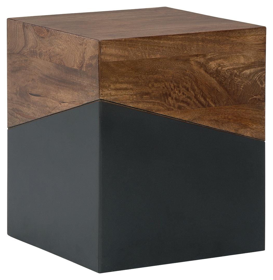 Trailbend accent table top view showing wood finish
