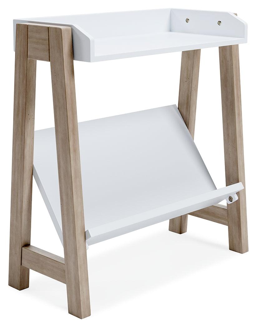 Blariden white and tan small bookcase angled side view