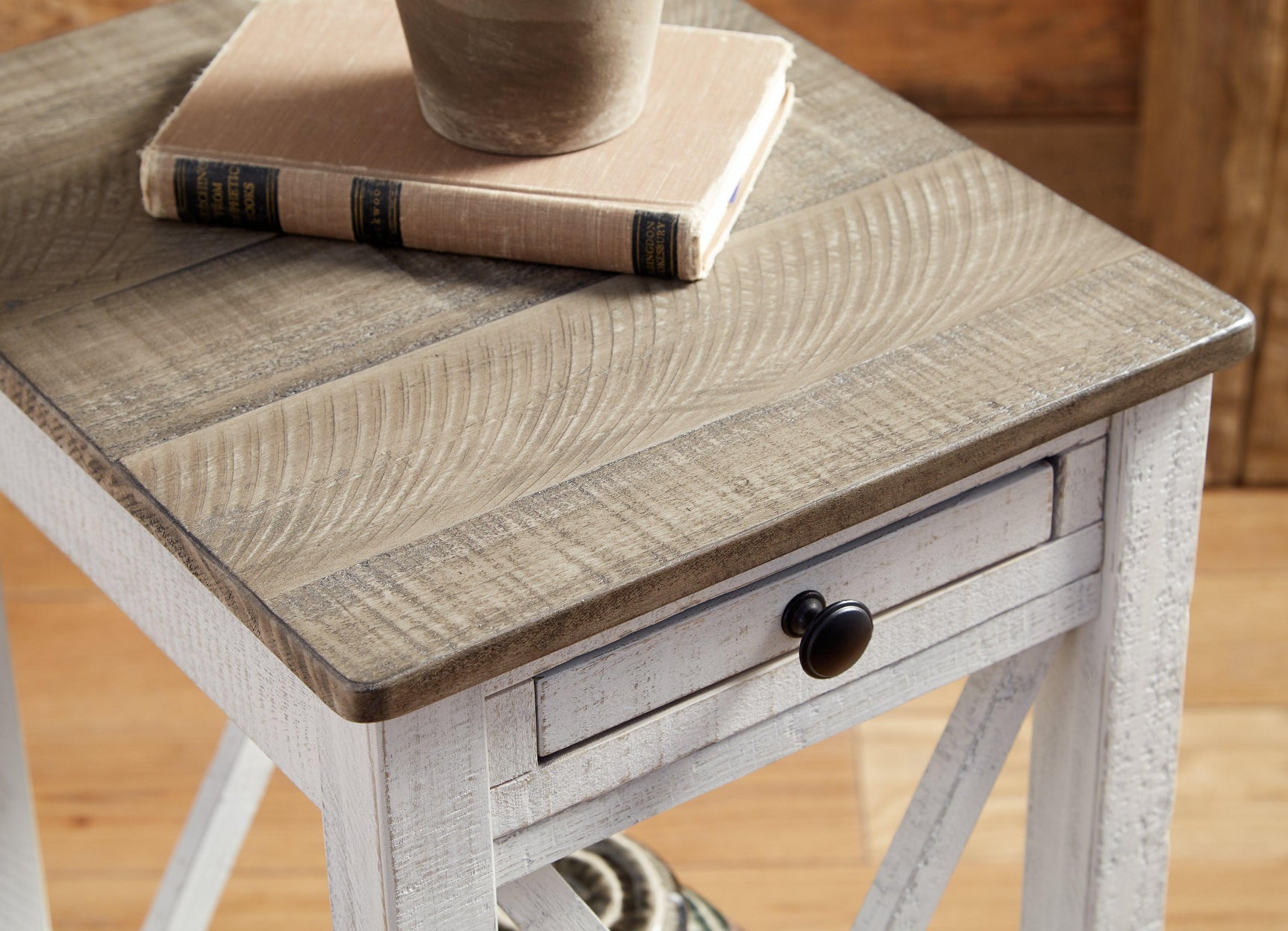 Distressed white and gray finish close-up