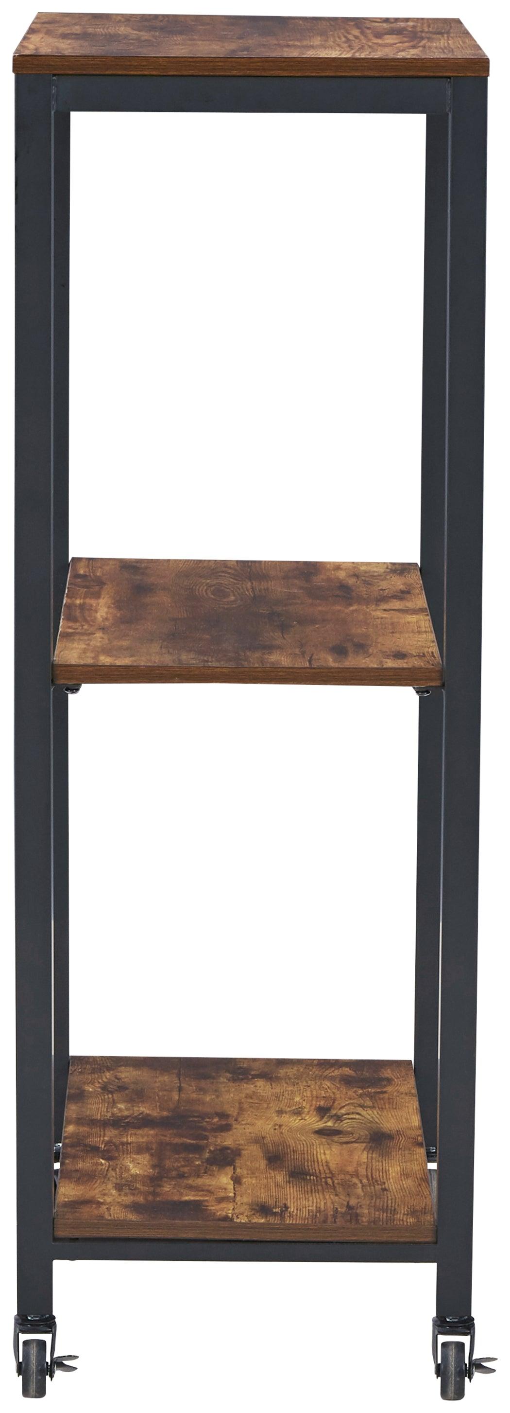 Close-up of Bevinfield bar cart black metal frame and brown shelves