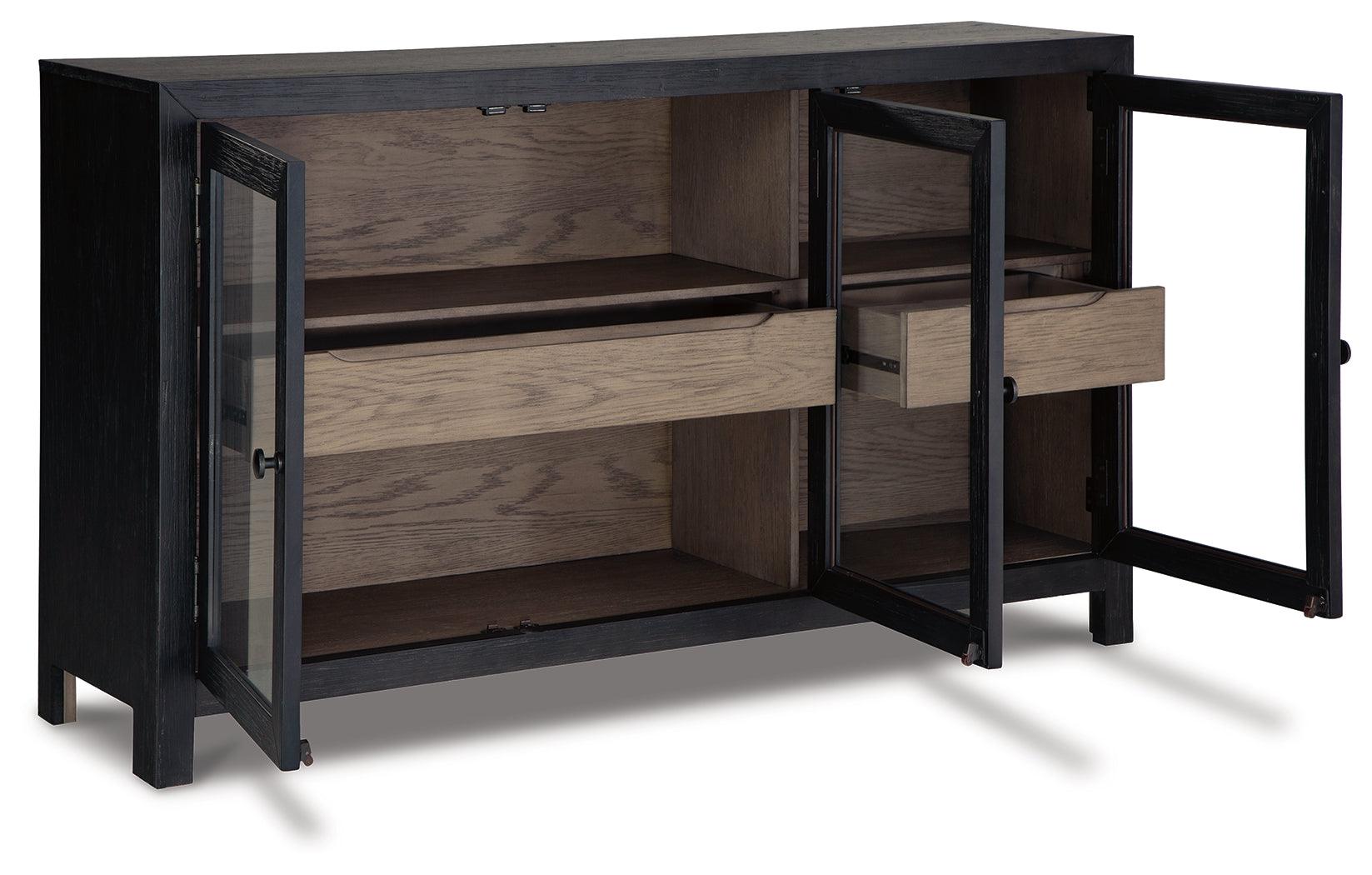 Lenston Accent Cabinet angled open view showing interior shelves