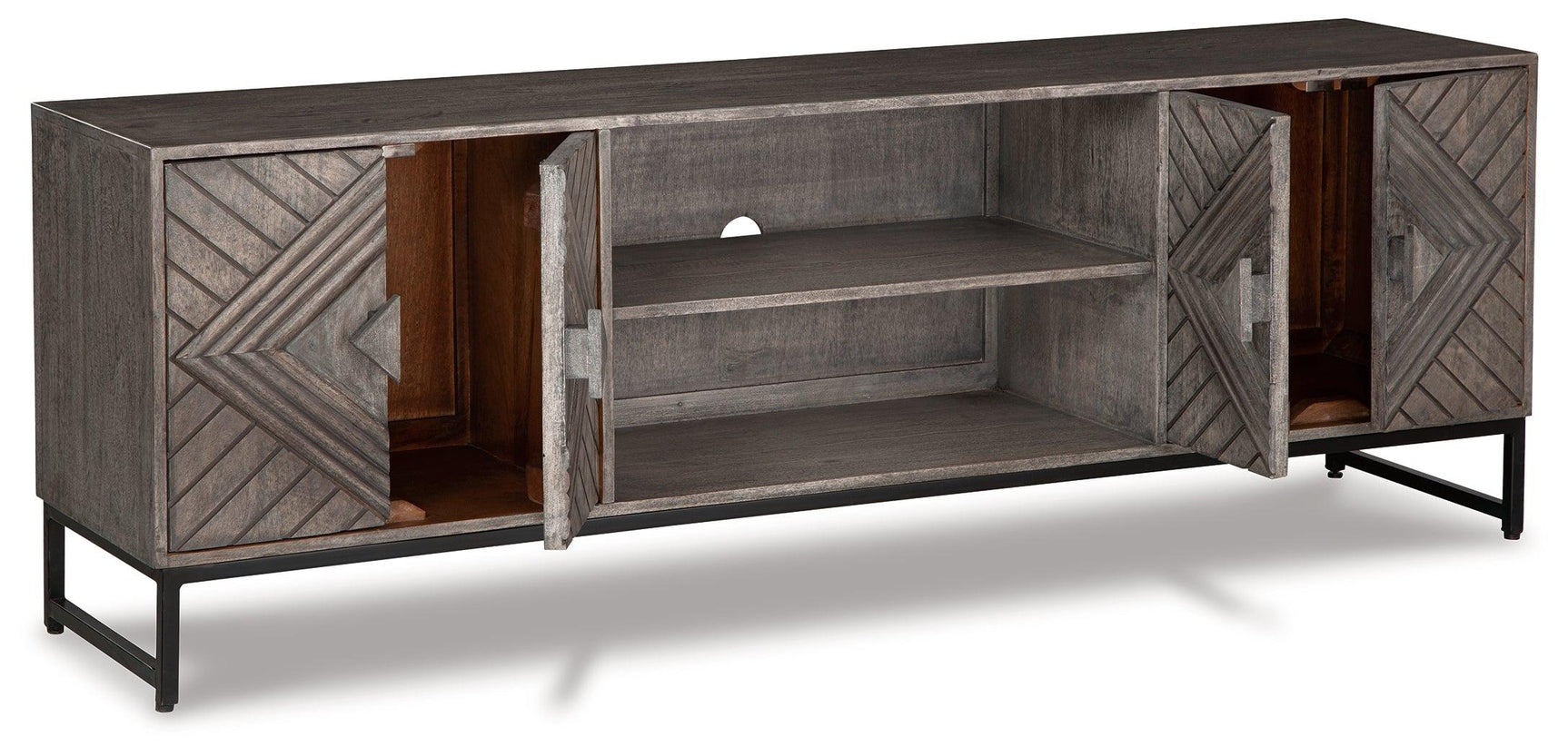 Treybrook Accent Cabinet doors open showing shelves