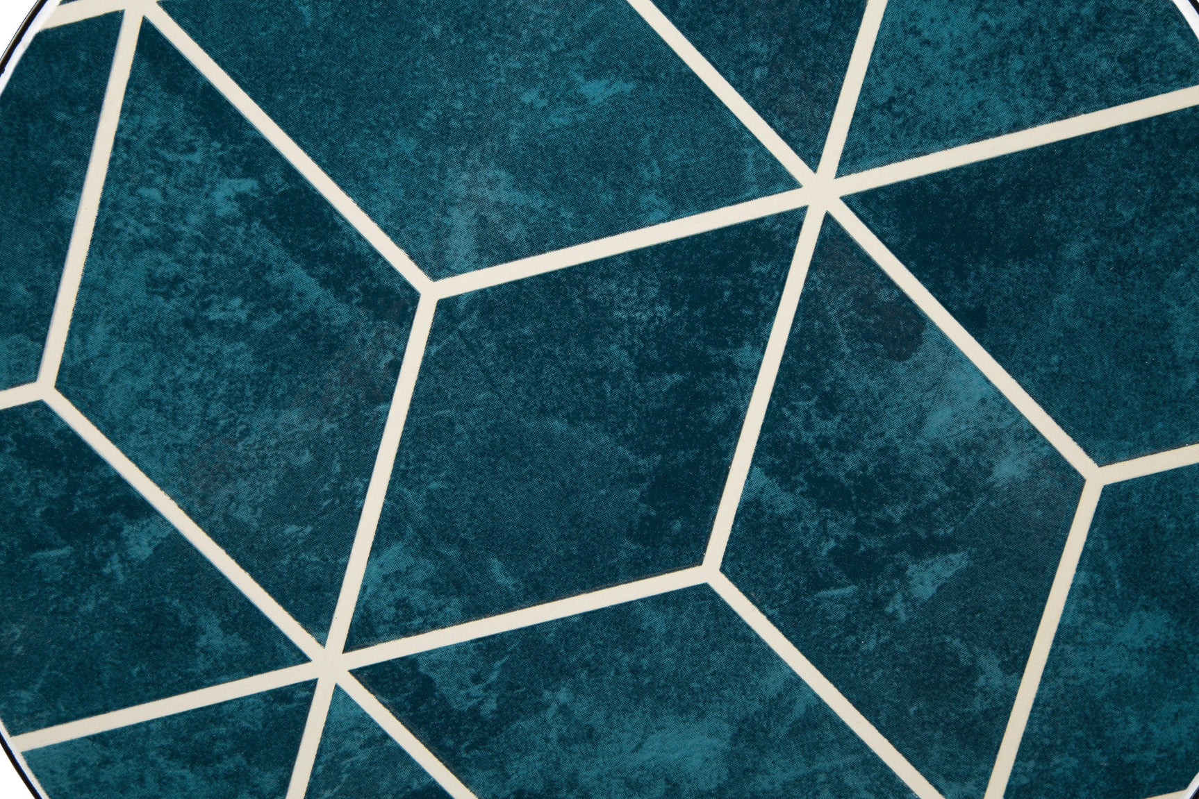 Detail of metal base and teal glazed ceramic top on Clairbelle table