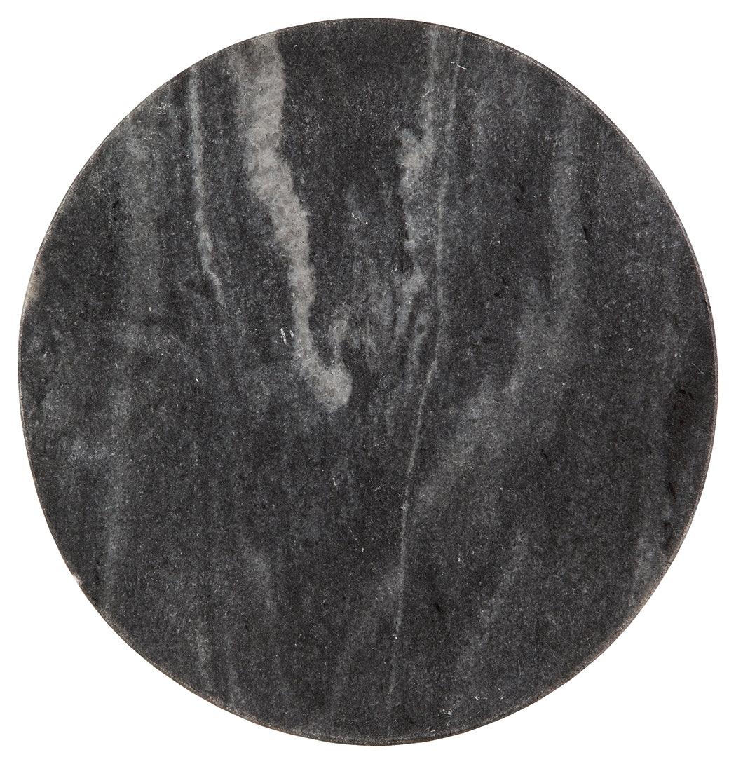 Side angle view of Caramont marble accent table with tapered gold base