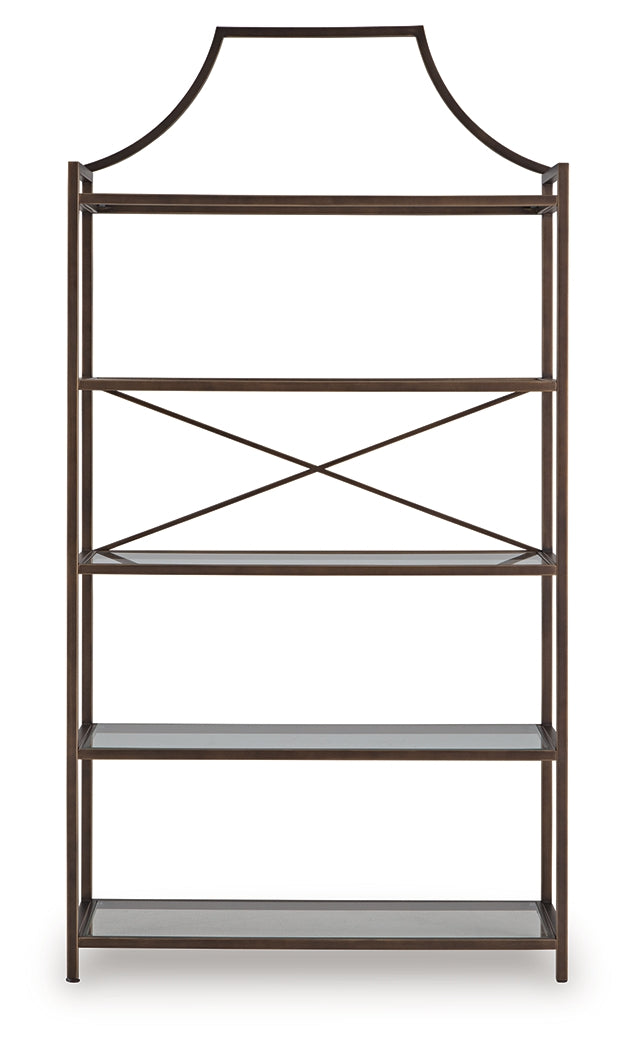 Close-up of antique bronze finish on Bernonly 72" bookcase frame