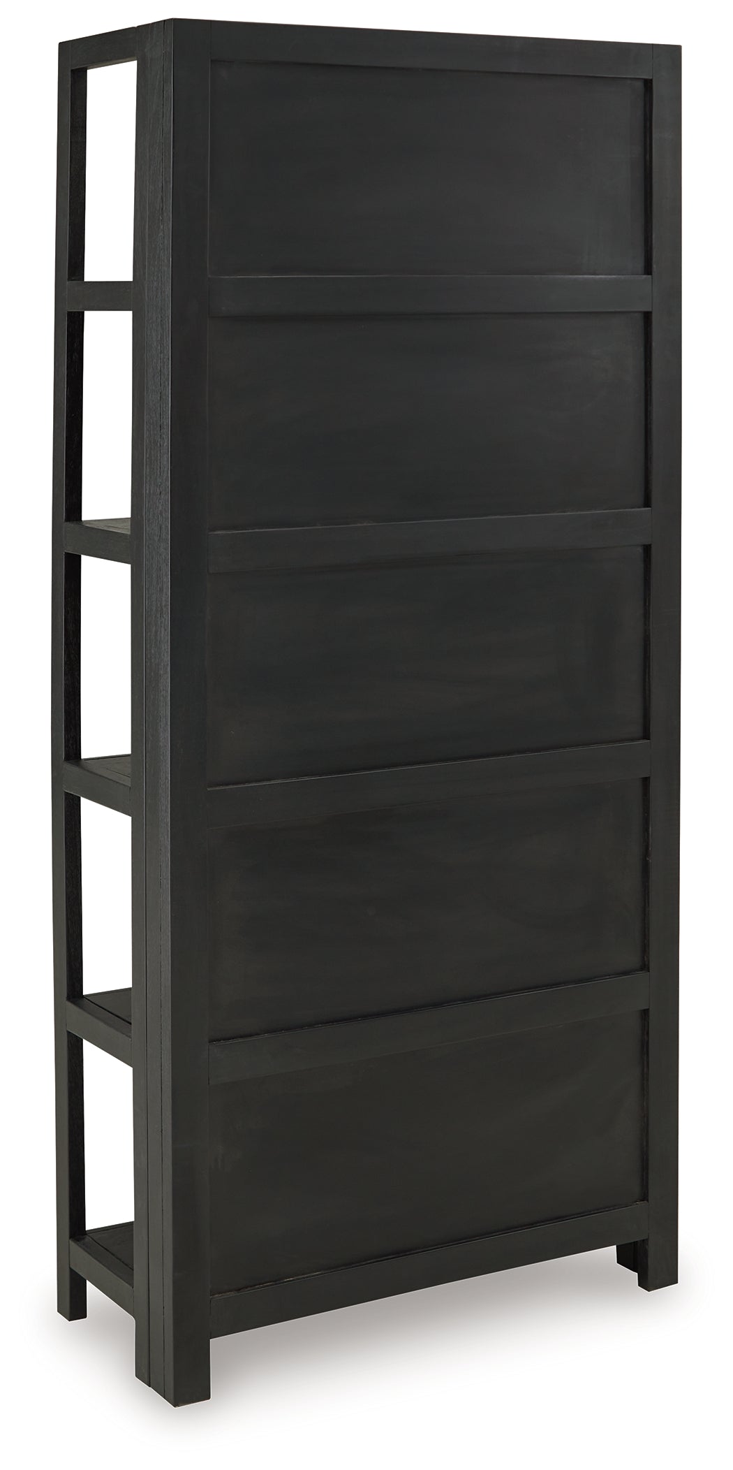 Close-up of Abyard bookcase rattan back and wood finish