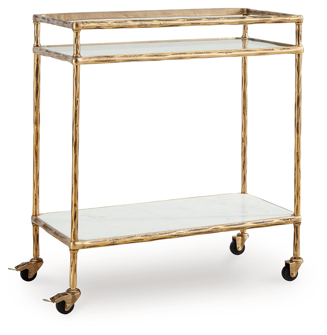Front view of Plattfield Bar Cart showing glass top shelf