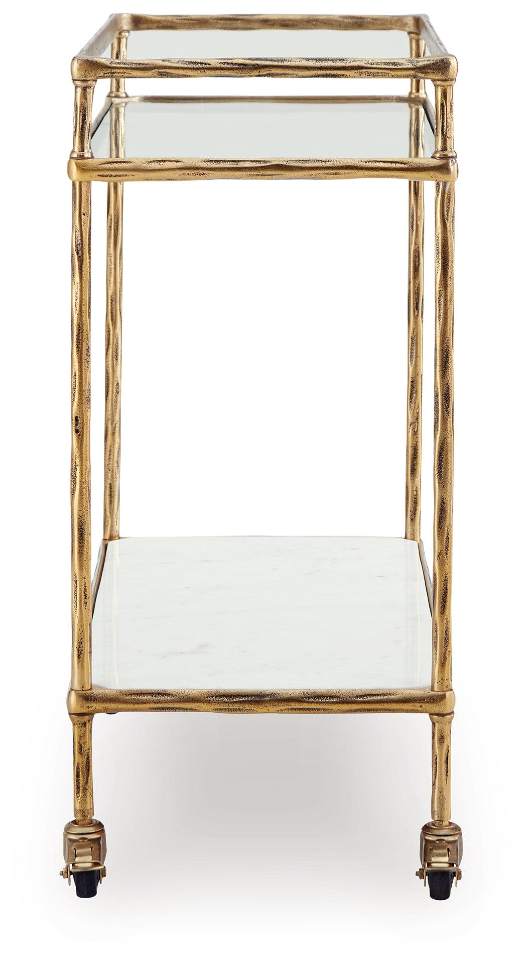 Close-up of Plattfield Bar Cart top glass shelf