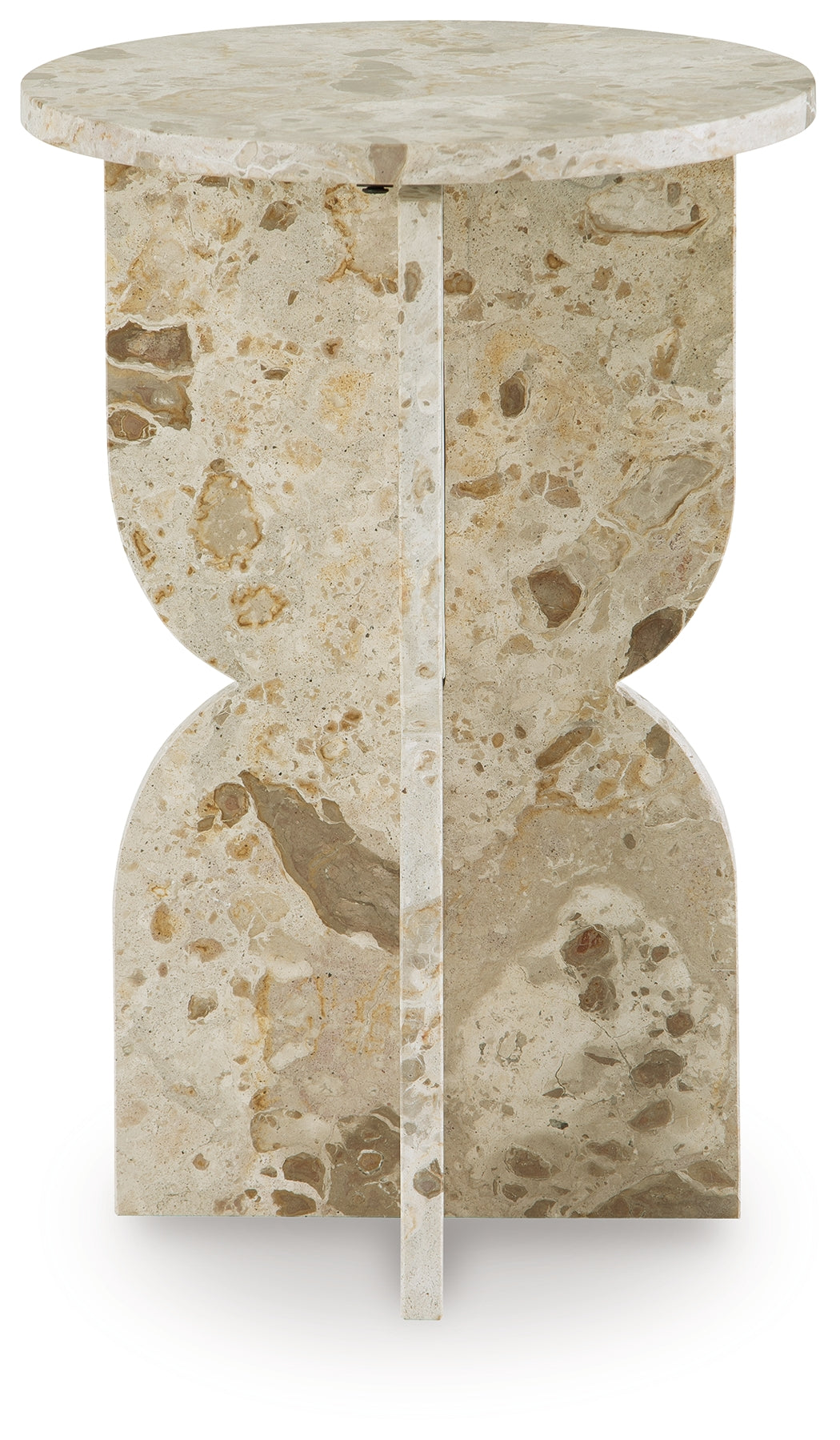 Close-up of Treygan beige marble sculptural base
