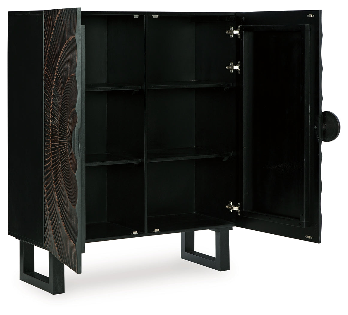 Fosterman Accent Cabinet angled view with doors open showing shelves