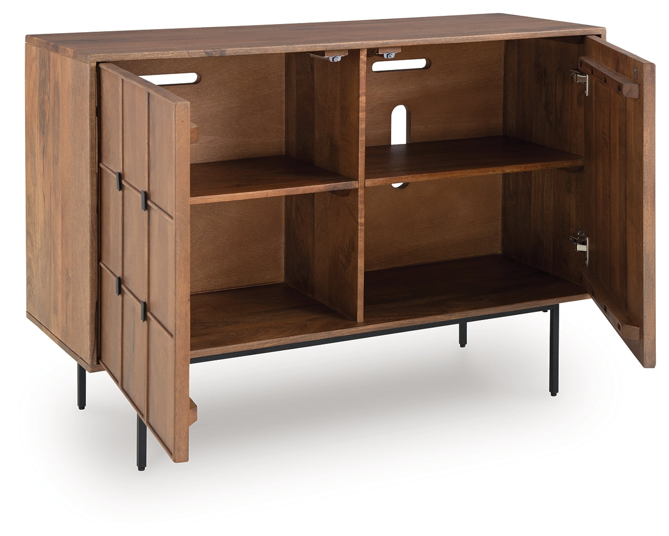 Juddins accent cabinet open showing shelves