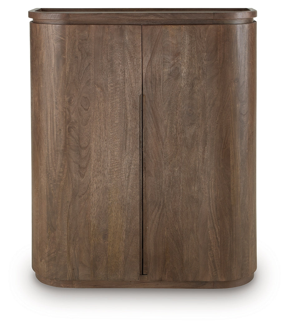 Landermont Bar Cabinet front view open showing shelves