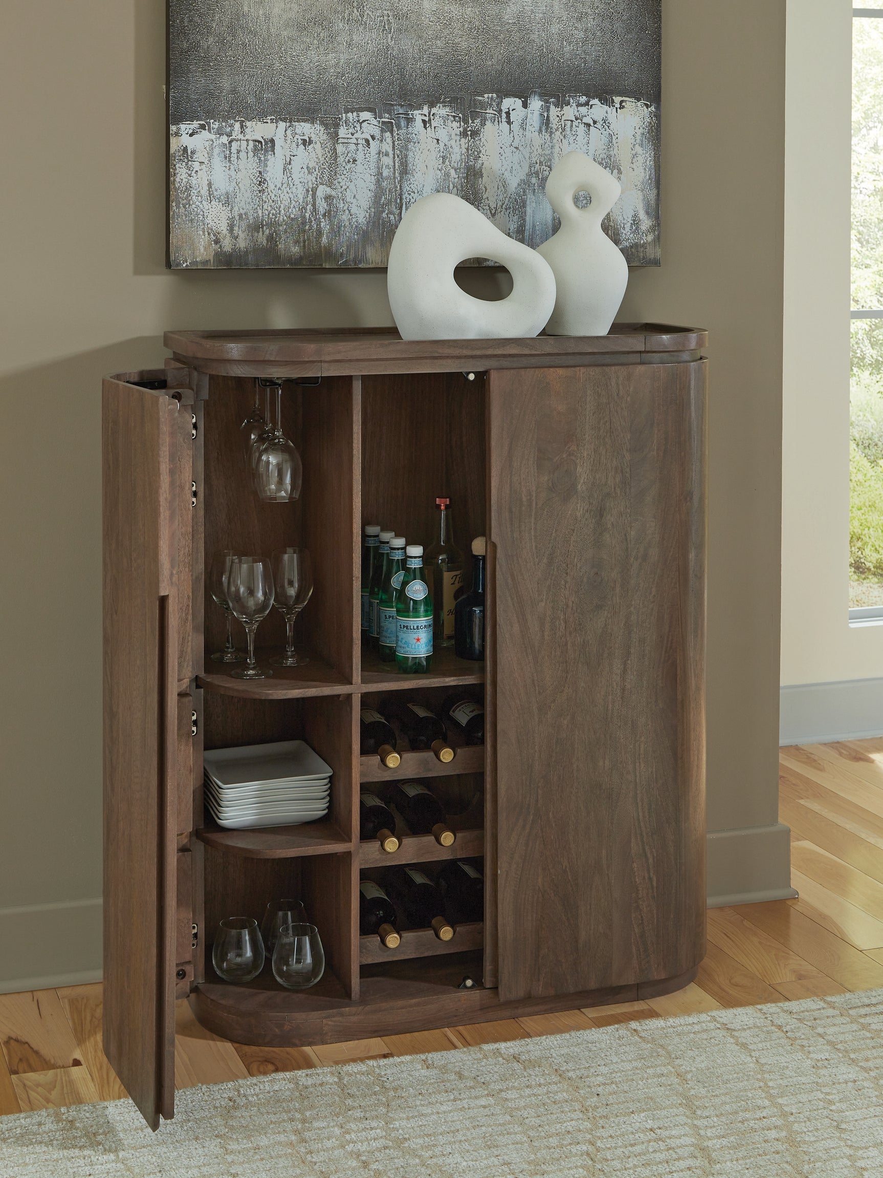 Interior storage of Landermont Bar Cabinet with wine bottle and glass holders