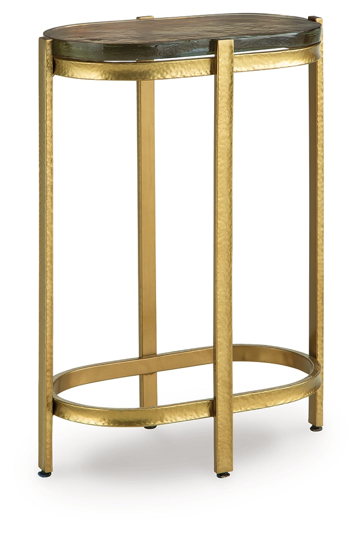 Front view of Porterville accent table highlighting iridescent glass surface