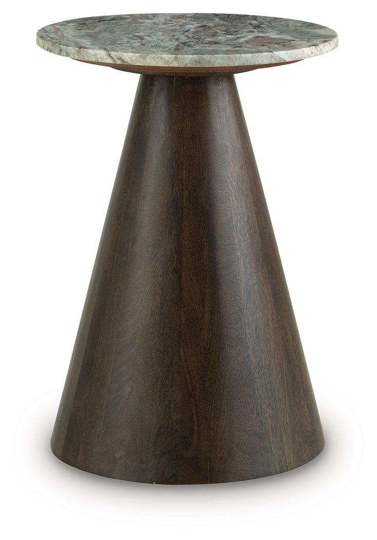Waltnor accent table side profile showing wood base