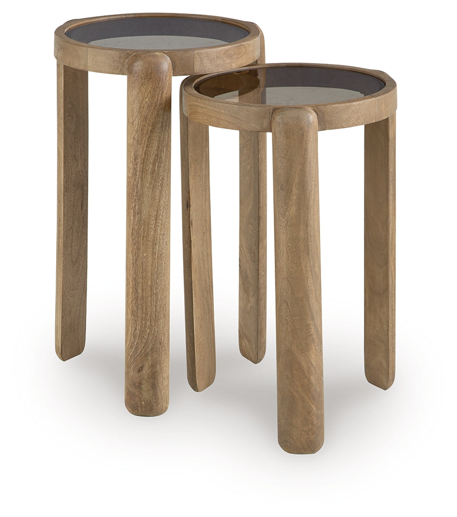 Close-up of Jossor mango wood frame and light brown glass tabletop detail