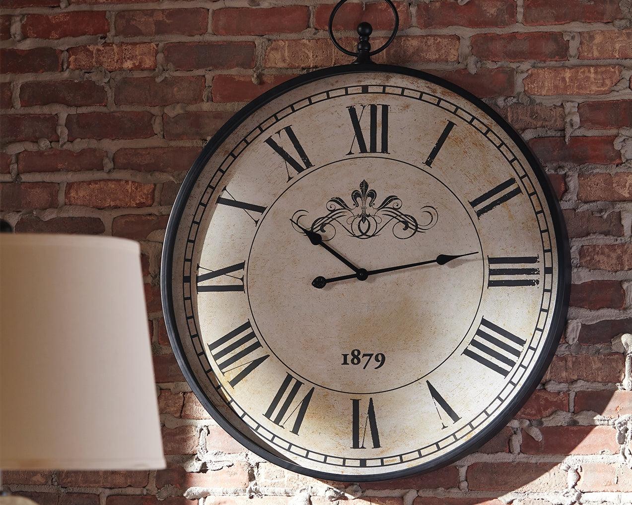 Augustina Antique Black Wall Clock front view showing Roman numerals and pendulum