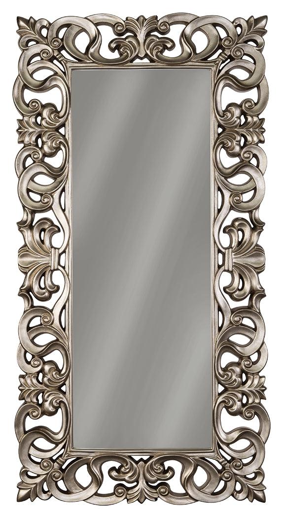 Lucia Antique Silver Floor Mirror close-up of scroll design and finish