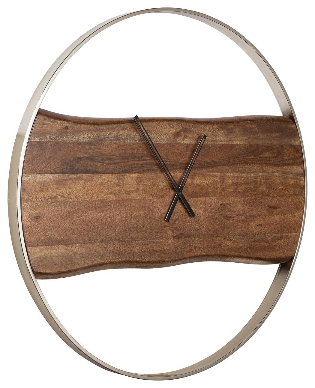 Panchali wall clock angled side view showing faux live-edge design
