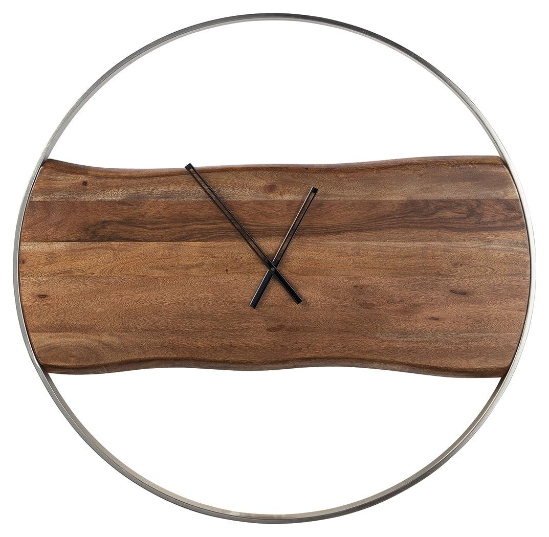 Close-up of Panchali clock silver hands and wood texture