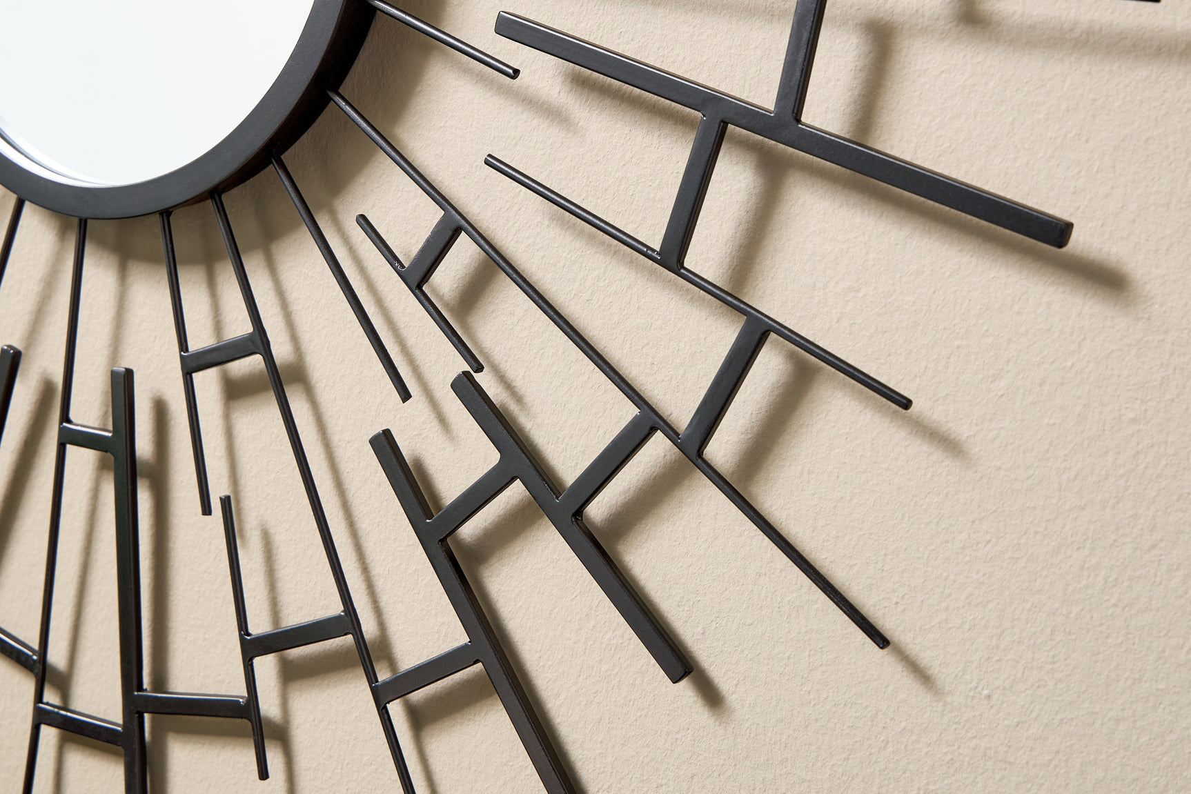 Detail of Garrenworth mirror black metal sunburst frame