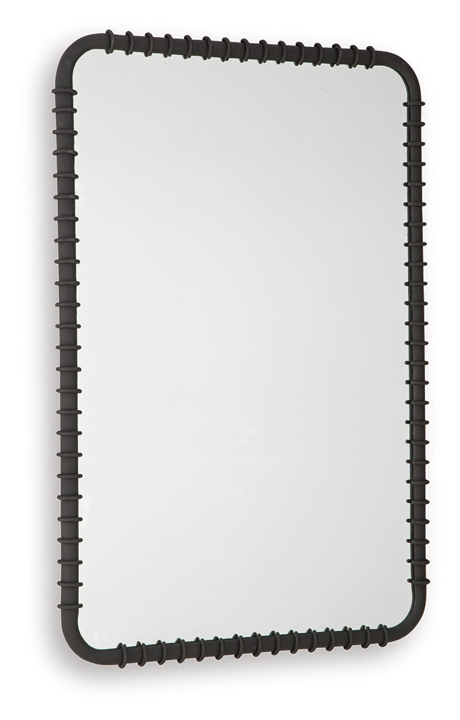 Close-up of ribbed black metal frame of Judlow mirror