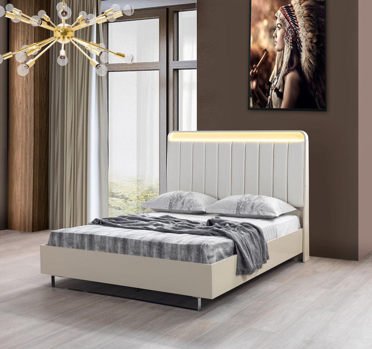 bedroom view of Hailey Cream High Gloss Lacquer 4-Piece Queen Bedroom Set bed