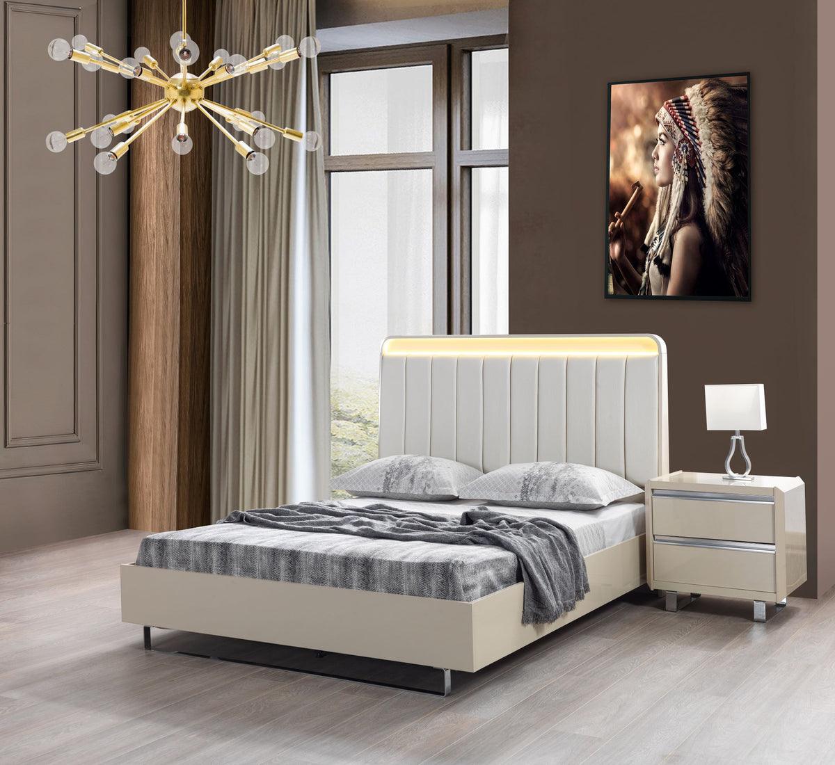 side view of Hailey Cream High Gloss Lacquer 4-Piece Queen Bedroom Set bed