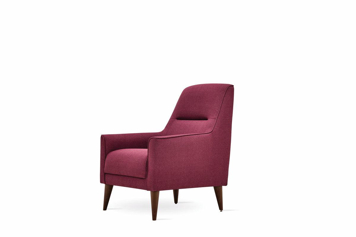 Alto Dark Pink Upholstered Armchair angled view highlighting walnut finish