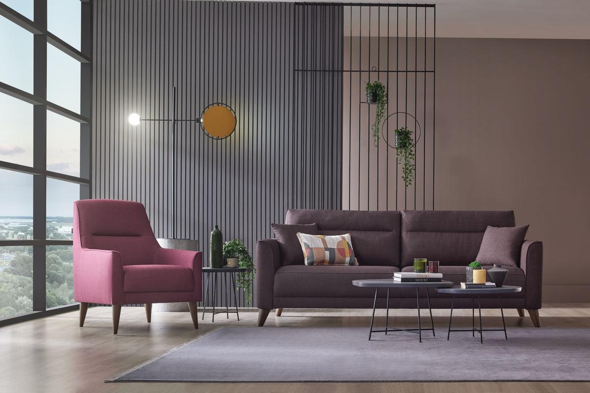 Alto Dark Pink Upholstered Armchair rear side angle showing wooden frame